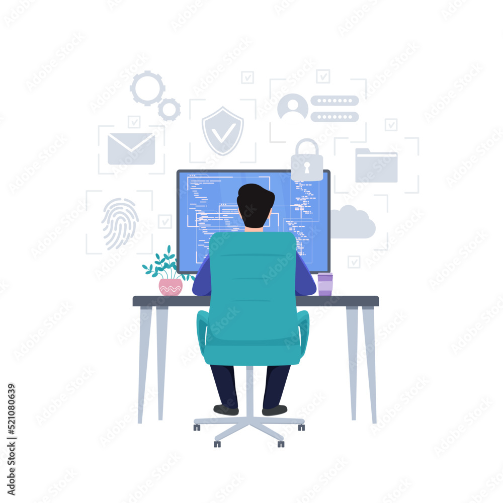 A man sits at a computer, view from the back, work at the monitors, analytical activities. Cyber security, trader, concept. A man sits at a computer, view from the back, work at the monitors, analytical activities. Cyber security, trader, concept.