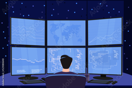 A man sits at a computer at night, view from the back, work at night at the monitors, analytical activities in the dark, without light. Cyber security, trader, business, programmer concept.