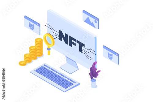  NFT theme isometric concept. Cryptographic art. Non-fungible token. Vector illustration. 