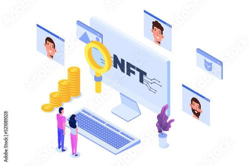  NFT theme isometric concept. Cryptographic art. Non-fungible token. Vector illustration. 