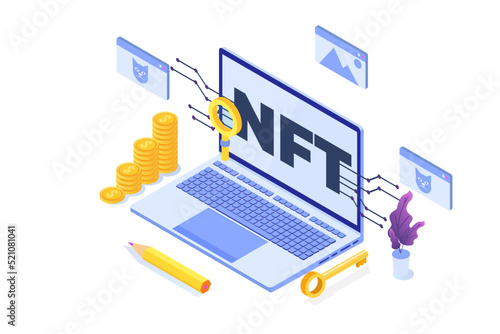  NFT theme isometric concept. Cryptographic art. Non-fungible token. Vector illustration. 