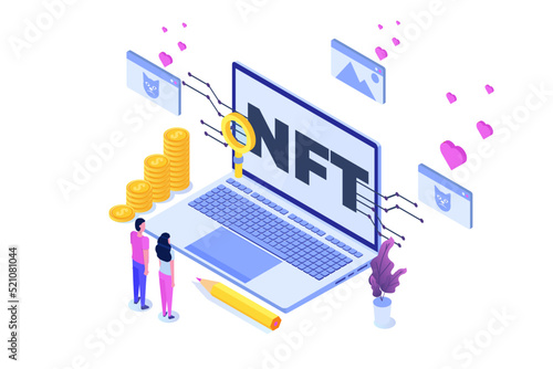  NFT theme isometric concept. Cryptographic art. Non-fungible token. Vector illustration. 