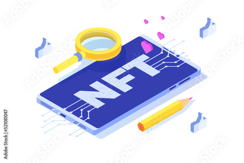  NFT theme isometric concept. Cryptographic art. Non-fungible token. Vector illustration. 