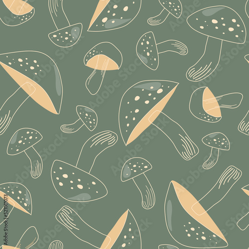 Seamless pattern with fly agarics. Autumn poisonous mushrooms. Simple plant abstract print. Vector graphics.