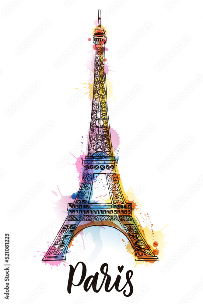 Travel to Paris poster greeting card print. Vector sketch illustration of Eiffel Tower on colorful watercolor backgorund