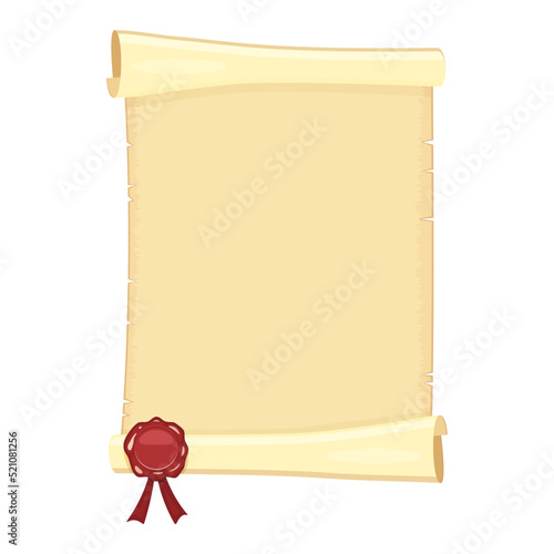 Scroll of old unfolded paper with red sealing wax. Vector illustration of an ancient canvas without text.