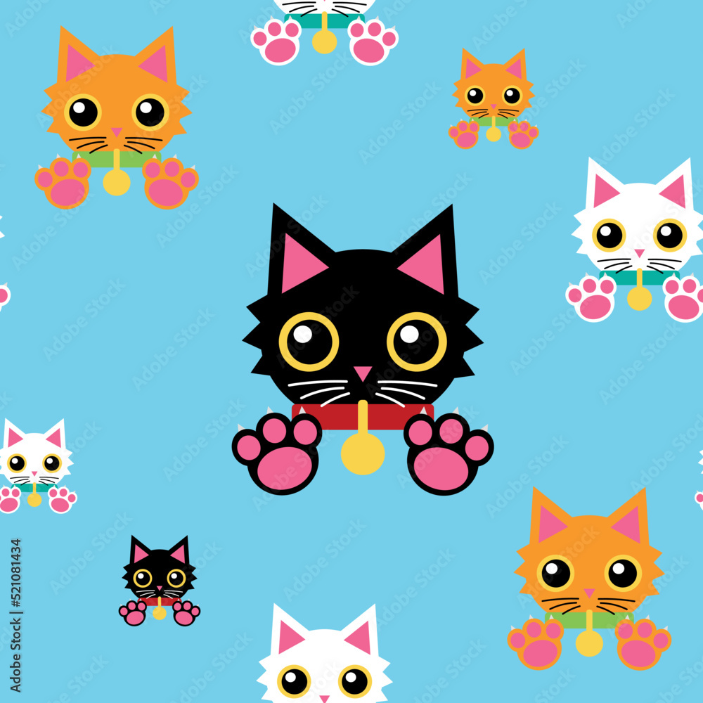 Vector illustration. Pattern with black white and red cats in collars on a yellow background.