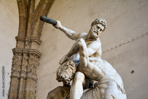 A close up of Giambologna's marble sculpture Hercules beating the Centaur Nessus, Florence, Italy photo