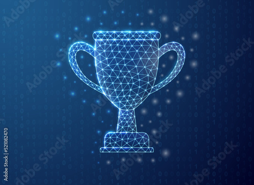 Trophy cup polygonal symbol with binary code background. Award concept design vector illustration. Blue Prize low poly symbol with connected dots