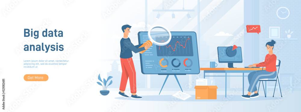 Big data analysis, business statistics research. Analysts analyze charts, graphs, database. Flat concept great for social media promotional material. Website banner on white background.