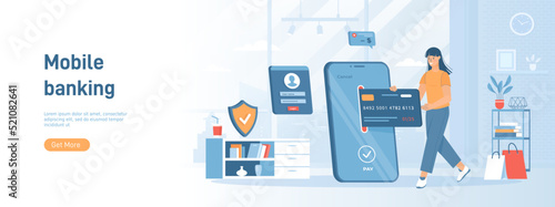 Mobile banking, online internet payment. Mobile application, service for money transactions. Flat concept great for social media promotional material. Website banner on white background.
