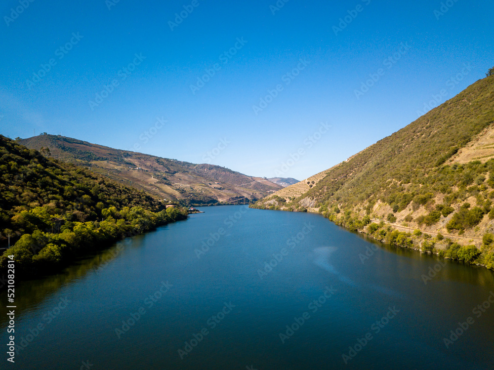 Aerial view over the Douro River Landscape, in the Douro Valley, Portugal.