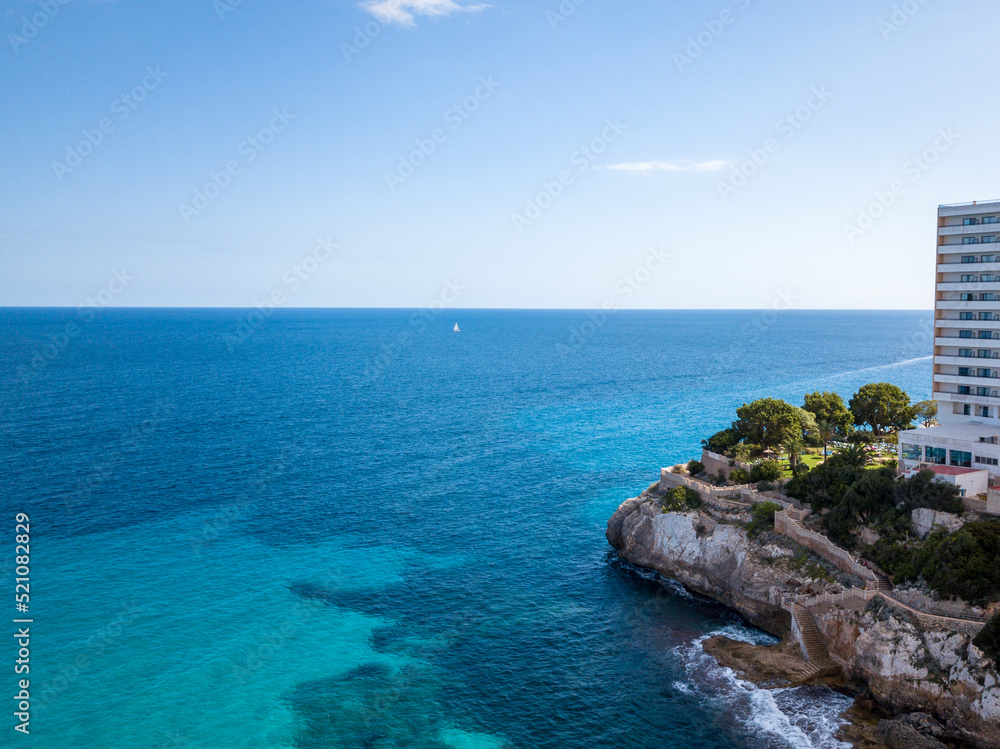 Mediterranean ocean view in Cales de Mallorca in the Spanish Island of Mallorca in Spain.