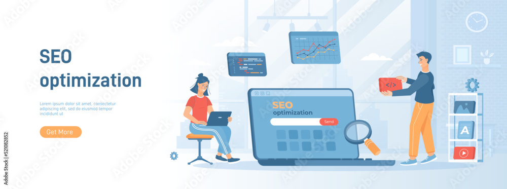 SEO optimization concept. Setting up and optimizing search results for site. Flat concept great for social media promotional material. Website banner on white background.