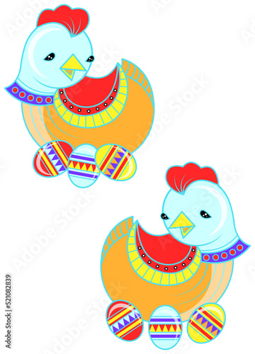 Sticker. Color picture. Easter. Easter chickens. The characters are sitting near Easter eggs.