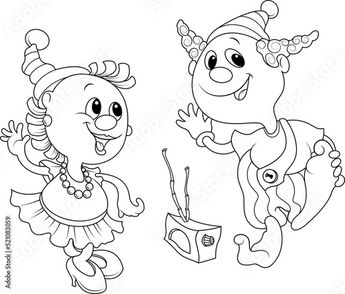 A couple of circus performers. Clowns. Characters dance to the radio. Girl and boy.