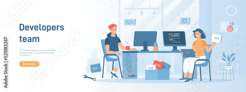 Developers team. Optimization, development, testing app. Programmers creates software. Flat concept great for social media promotional material. Website banner on white background.