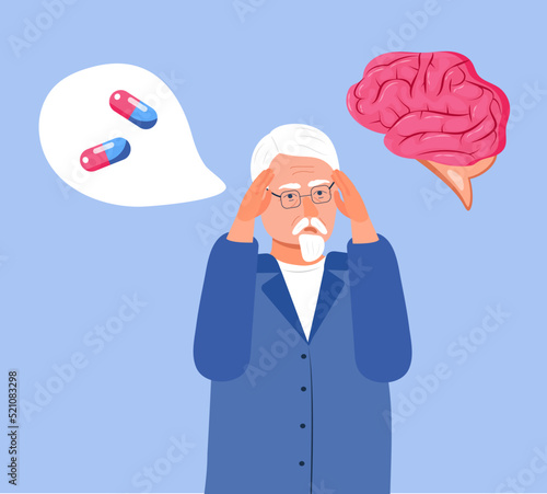 Alzheimer old man, neurology health care, Parkinson or dementia metaphor are shown.