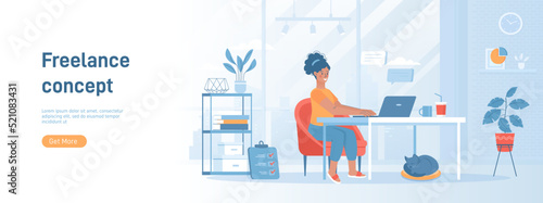 Freelance concept. Online web job, internet worker. Girl works in comfortable environment at home. Flat concept great for social media promotional material. Website banner on white background.