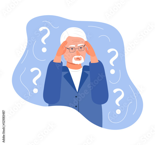 Alzheimer old man, neurology health care, Parkinson or dementia metaphor are shown.