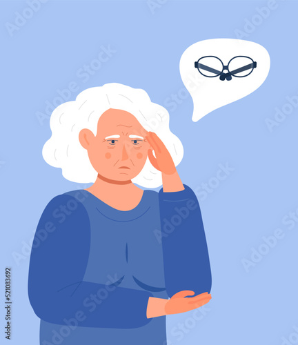 Senior woman searches glasses. Alzheimer old woman, neurology health care, Parkinson or dementia metaphor. Senses diseases for medical website.