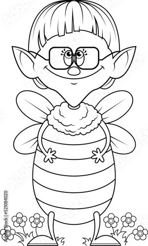 Bee. Outline drawing. Cartoon character. The insect stands with its wings spread.