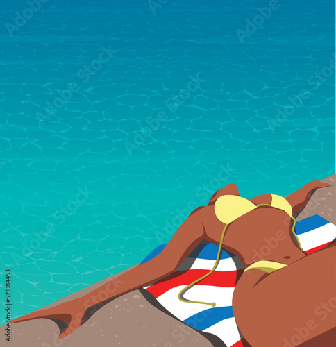 Vector illustration in the summer in the pool a tanned girl without a face on the beach in a yellow swimsuit in a beautiful pose is resting on vacation