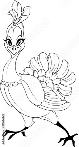 Outline drawing. Cartoon Character. A bird with a bushy tail. Coloring.