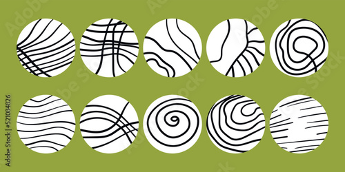 Trendy social media round cover design, social network stories and post, mobile apps, design. Template icons with geometric doodle elements. Set of various vector highlight covers, mockup.