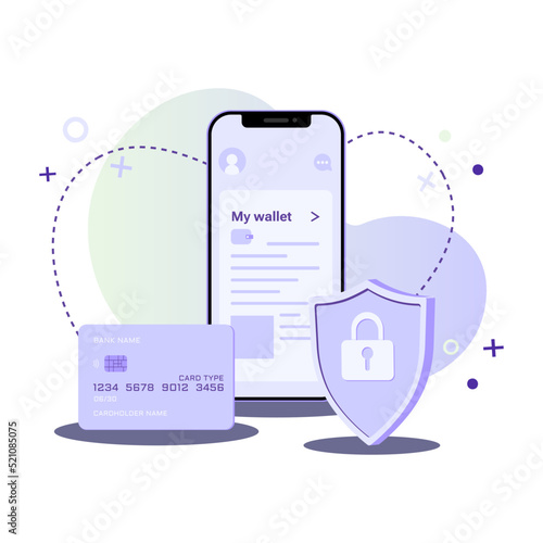 Credit card, shield with lock and smartphone on abstract gradient background. Flat vector illustration secure credit card transaction and online wallet app. Safe and payment protection concepts.