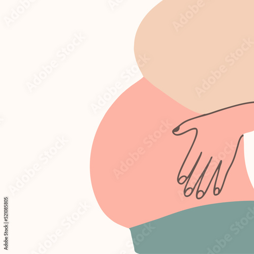 Portrait of a beautiful young pregnant woman. The concept of pregnancy and motherhood. The woman is holding her belly. Flat vector illustration.
