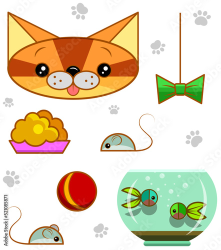 Sticker. Cat with attributes. Pet and his toys.