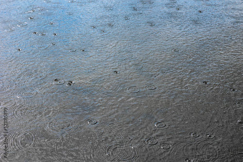 Raindrops with circles on the lake surface