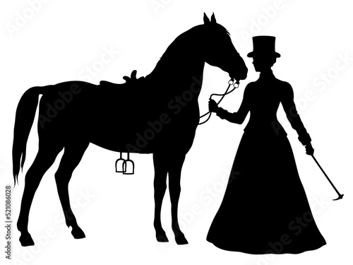 Silhouette of young horsewoman in victorian dress with standing horse. Elegant rider woman in historical clothing.