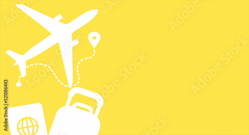 Travel illustration for banner, yellow background plane bag passport. Place for text