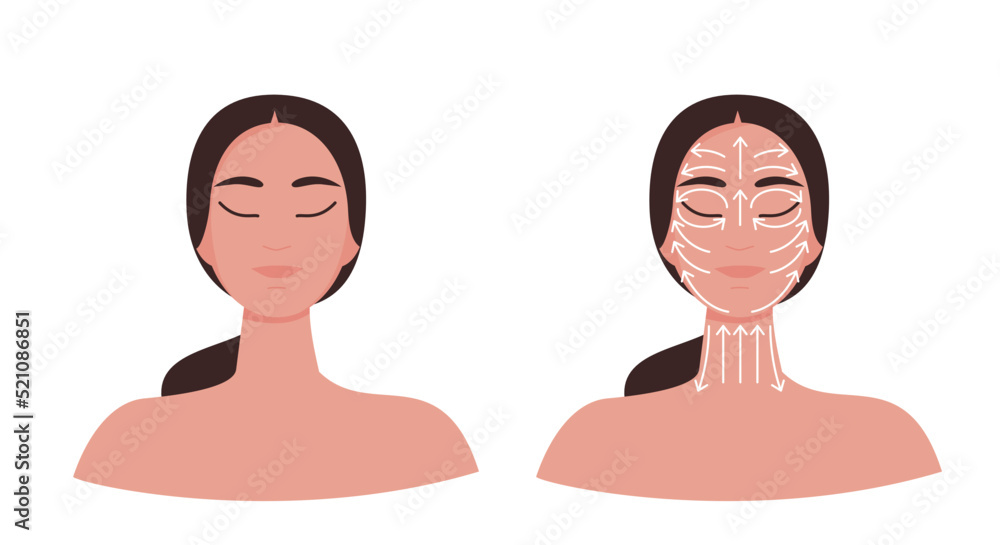 Infographic on facial massage lines and no lines isolated on white background. Portrait of a cute girl with white arrows showing direction for beauty treatment. Vector illustration. Infographic on facial massage lines and no lines isolated on white background. Portrait of a cute girl with white arrows showing direction for beauty treatment. Vector illustration.