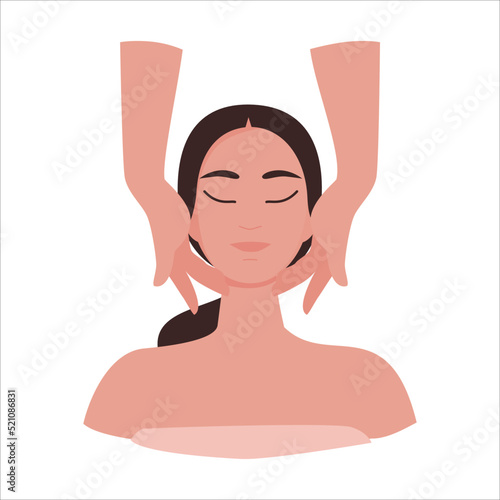 Cute Asian girl with long hair  is having facial massage. Top view with  hands of masseuse. Lifting, anti age and relaxation effect of skin care. Vector illustration isolated on white background.