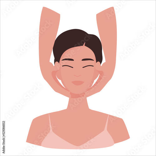 Cute girl is having facial massage. Top view of a person and hands of masseuse. Lifting, anti age and relaxation effect of beauty care treatment. Vector illustration isolated on white background.
