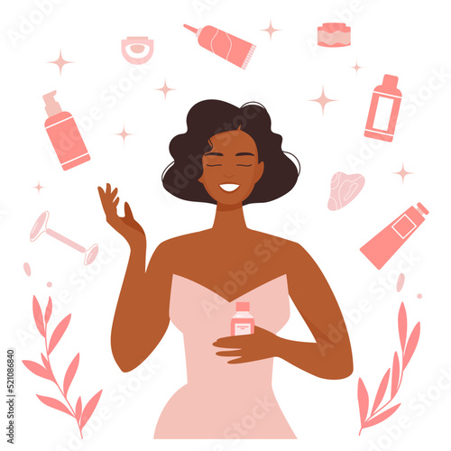 Illustration on beauty products to help in daily skin care routine. Cute girl stands smiling with healthy glowing skin and cosmetics. Vector illustration. 