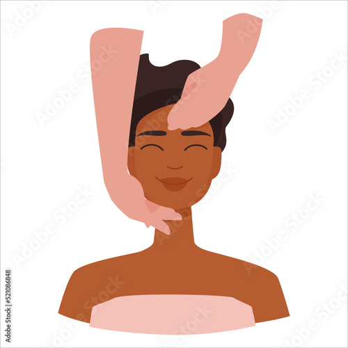 Cute multi ethnic girl is having beauty treatment facial massage at beauty spa centres. Top view on portrait and hands of a masseuse. Skin care vector illustration isolated on white background