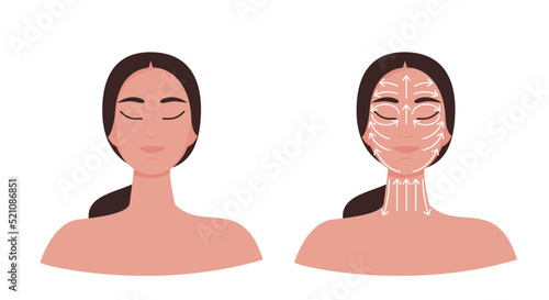 Infographic on facial massage lines and no lines isolated on white background. Portrait of a cute girl with white arrows showing direction for beauty treatment. Vector illustration.