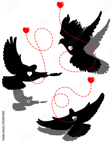 Sticker. St. Day Valentine. Silhouettes of birds. Doves with hearts. Shadow under the birds.