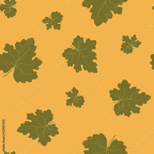 Autumn vector seamless pattern. Green leaves on an orange background. Can be used for wallpaper, gift wrapping, fabric and other materials.