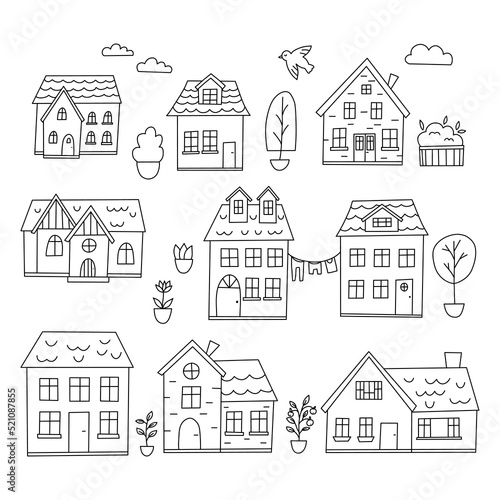 Vector set of doodle houses. Cartoon style illustration. Small town with trees, flowers and bird. Black and white line art.