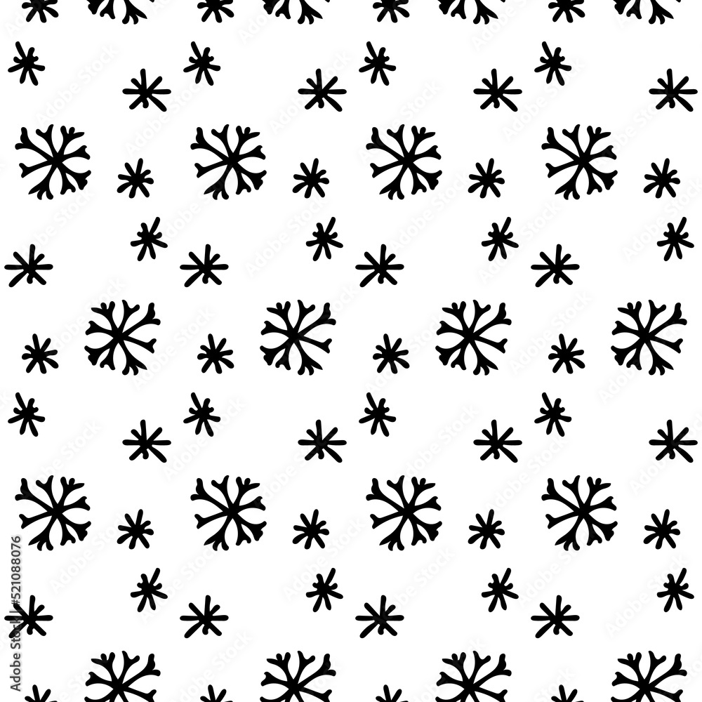Cute minimalist hand drawn snowflake Christmas pattern. Seamless black snow texture. Fun winter line white background Cute minimalist hand drawn snowflake Christmas pattern. Seamless black snow texture. Fun winter line white background