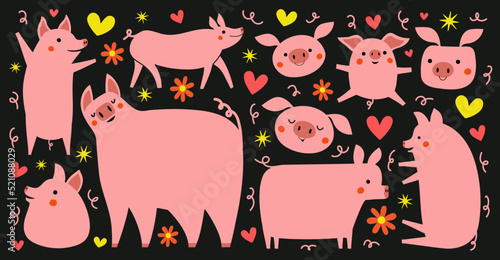 Vector illustration with pink pigs, flowers and hearts. Trendy farm animal print collection, sticker pack set, pork food package sticker emblem template