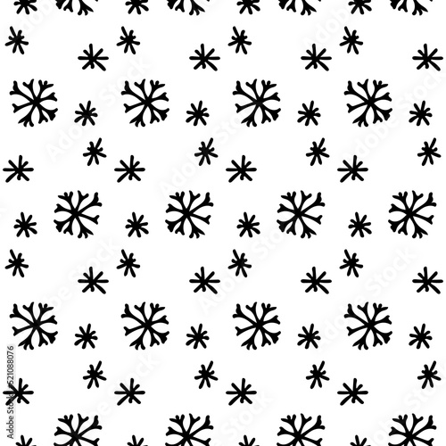 Cute minimalist hand drawn snowflake Christmas pattern. Seamless black snow texture. Fun winter line white background