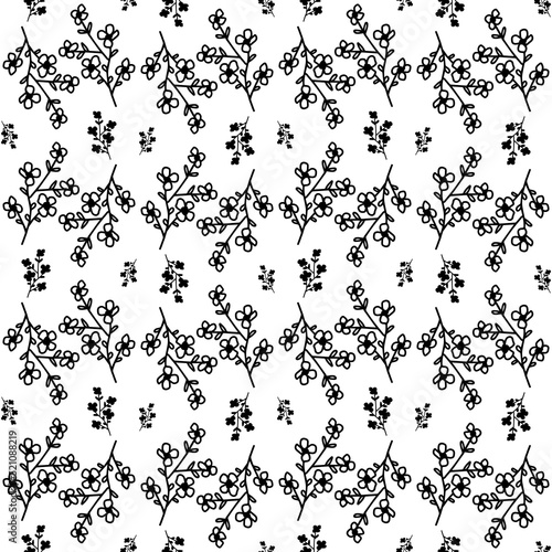 Doodle flower seamless pattern. Black flowers variety, hand drawn floral texture. Spring themed cute sketch elements