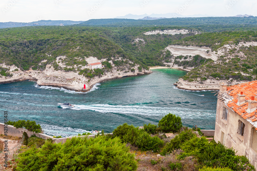 Bonifacio, Corsica. Coastal view with motor boats