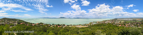 Wide panorama of Lake Balaton, Hungary on a summer day. View is from watchtower on hill "Sipos Hegy" in the town of Fonyód in northwesterly direction.